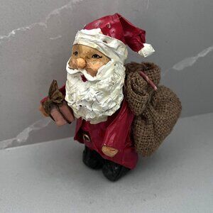 Vintage Paper-mache Santa Figurine Ornament Hand Painted With Burlap Sack